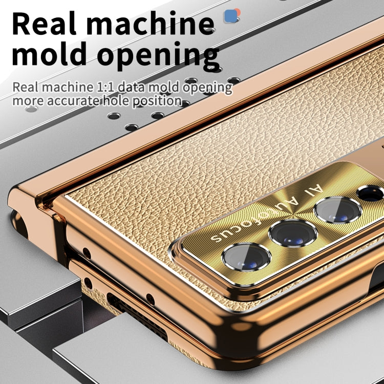 For Samsung Galaxy Z Fold4 Litchi Pattern Magnetic Shell Film Integrated Shockproof Phone Case(Gold) Eurekaonline