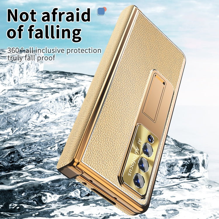 For Samsung Galaxy Z Fold4 Litchi Pattern Magnetic Shell Film Integrated Shockproof Phone Case(Gold) Eurekaonline