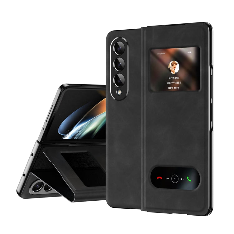 For Samsung Galaxy Z Fold4 Mature Window View Flip Leather Phone Case(Black Nappa) Eurekaonline