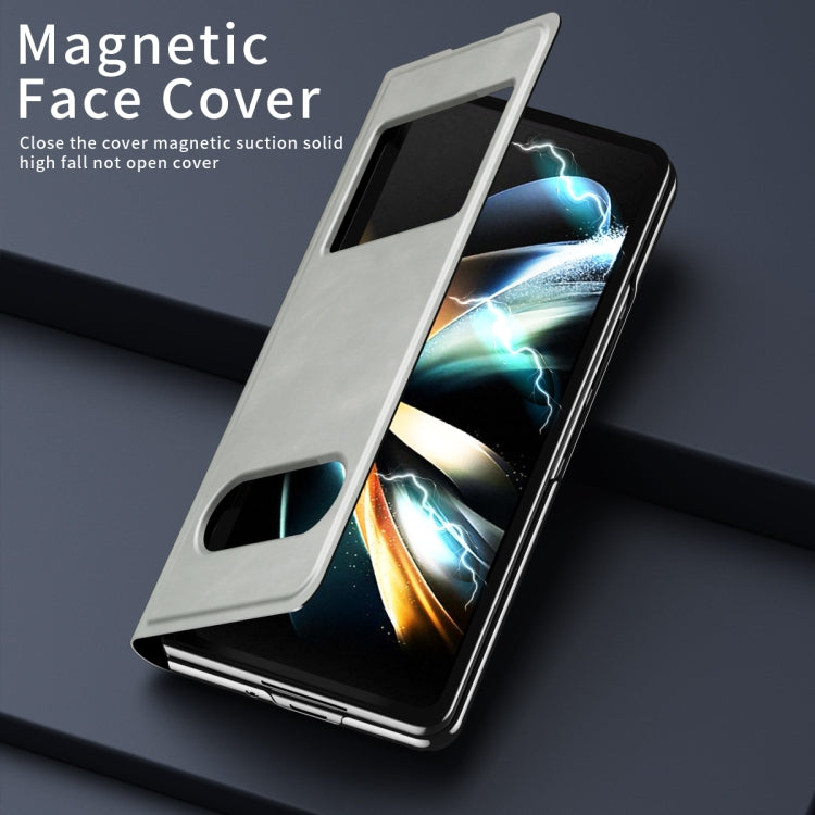 For Samsung Galaxy Z Fold4 Mature Window View Flip Leather Phone Case(White Nappa) Eurekaonline