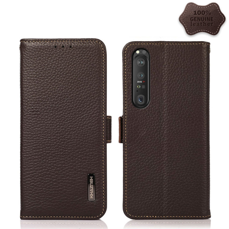 For Sony Xperia 1 III KHAZNEH Side-Magnetic Litchi Genuine Leather RFID Case(Brown) Eurekaonline