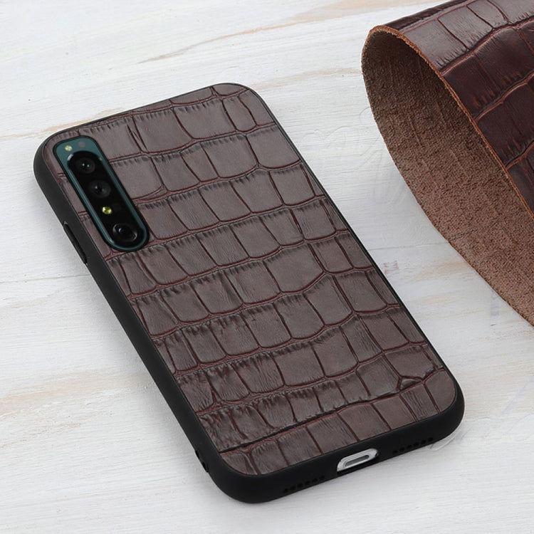 For Sony Xperia 1 IV Accurate Hole Crocodile Texture Genuine Leather Phone Case(Brown) Eurekaonline