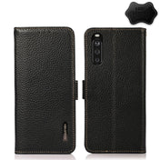 For Sony Xperia 10 III KHAZNEH Side-Magnetic Litchi Genuine Leather RFID Case(Black) Eurekaonline