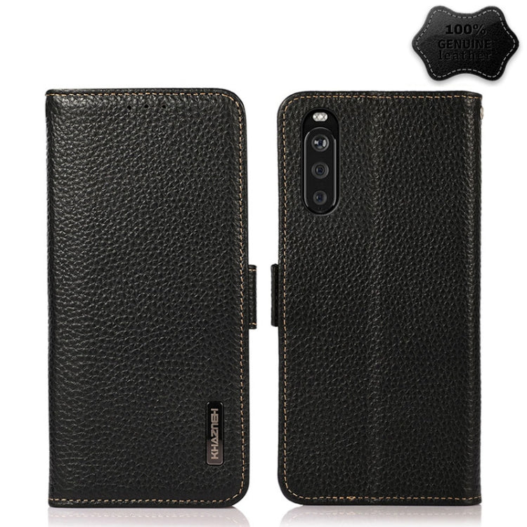 For Sony Xperia 10 III KHAZNEH Side-Magnetic Litchi Genuine Leather RFID Case(Black) Eurekaonline