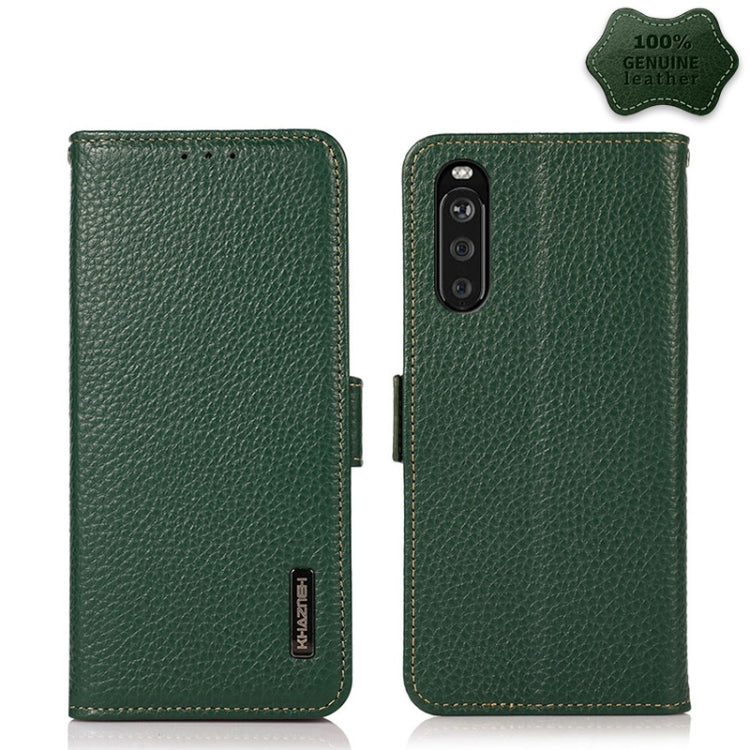 For Sony Xperia 10 III KHAZNEH Side-Magnetic Litchi Genuine Leather RFID Case(Green) Eurekaonline