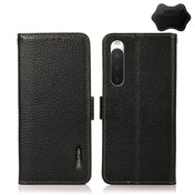 For Sony Xperia 10 IV KHAZNEH Side-Magnetic Litchi Genuine Leather RFID Phone Case(Black) Eurekaonline