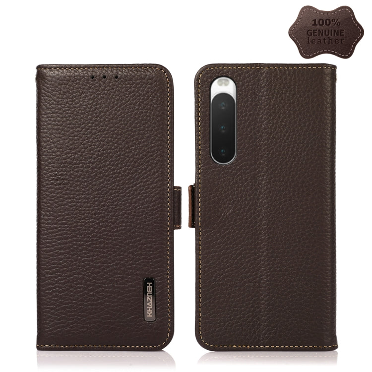 For Sony Xperia 10 IV KHAZNEH Side-Magnetic Litchi Genuine Leather RFID Phone Case(Brown) Eurekaonline