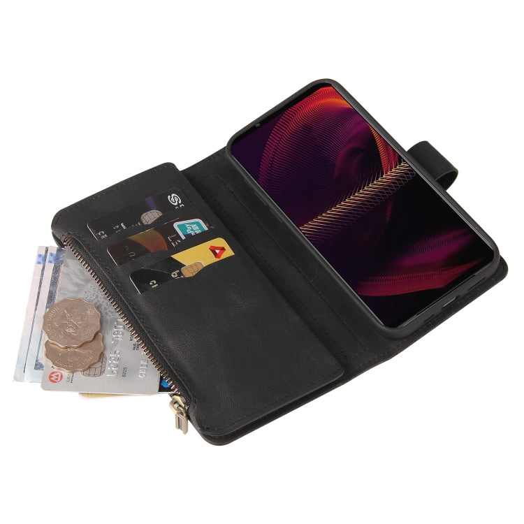 For Sony Xperia 5 III Skin Feel PU + TPU Horizontal Flip Leather Case With Holder & 15 Cards Slot & Wallet & Zipper Pocket & Lanyard(Black) Eurekaonline