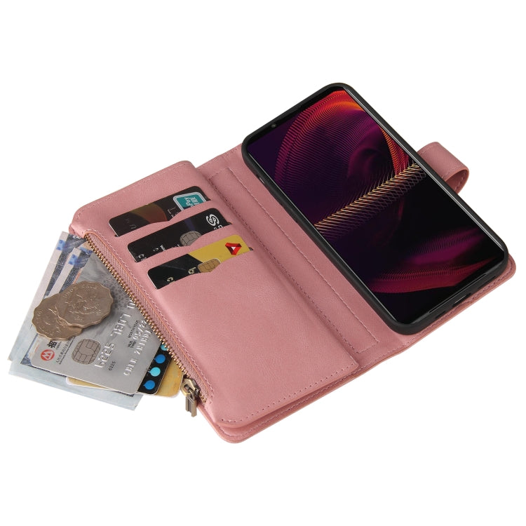 For Sony Xperia 5 III Skin Feel PU + TPU Horizontal Flip Leather Case With Holder & 15 Cards Slot & Wallet & Zipper Pocket & Lanyard(Pink) Eurekaonline