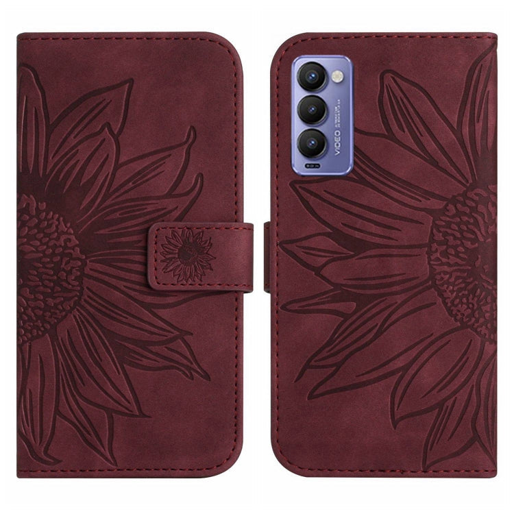 For Tecno Camon 18 / 18 P Skin Feel Sun Flower Pattern Flip Leather Phone Case with Lanyard(Wine Red) Eurekaonline