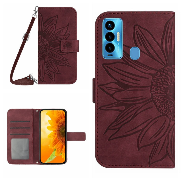 For Tecno Camon 18i Skin Feel Sun Flower Pattern Flip Leather Phone Case with Lanyard(Wine Red) Eurekaonline