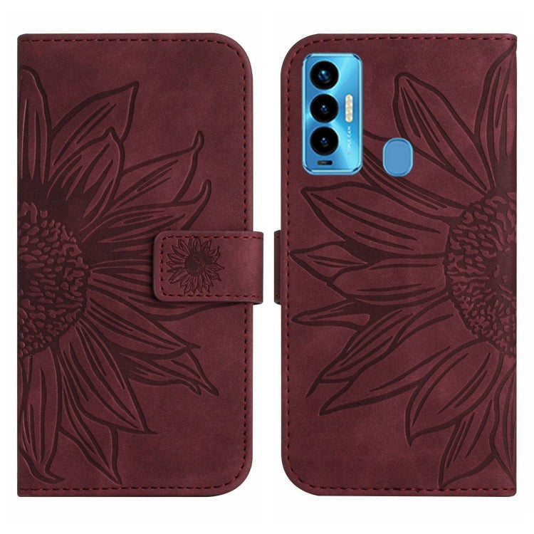 For Tecno Camon 18i Skin Feel Sun Flower Pattern Flip Leather Phone Case with Lanyard(Wine Red) Eurekaonline