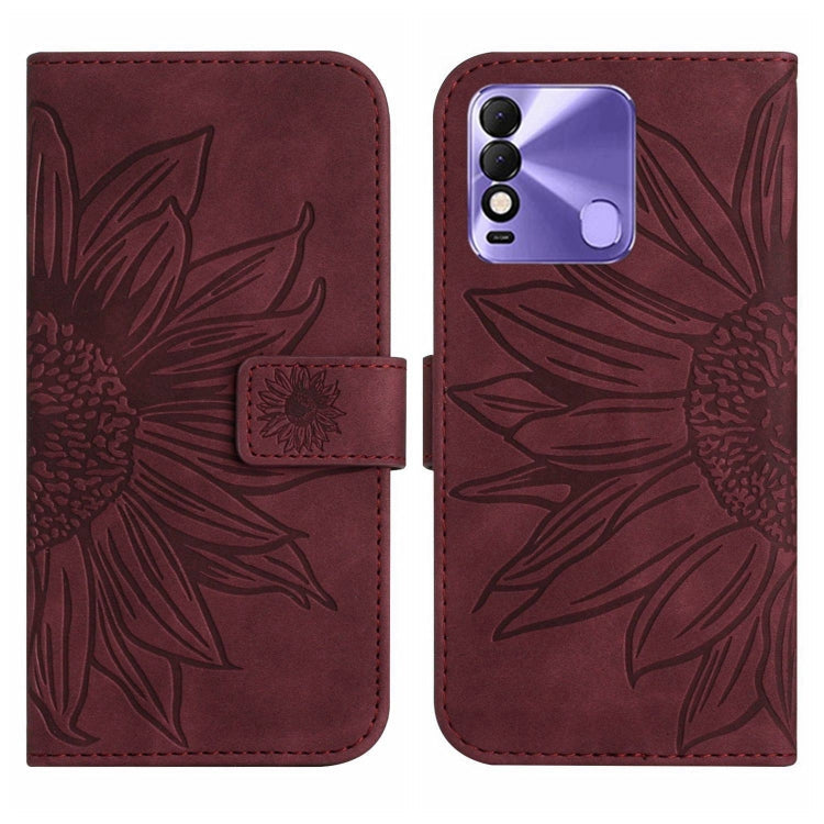 For Tecno Spark 8 Skin Feel Sun Flower Pattern Flip Leather Phone Case with Lanyard(Wine Red) Eurekaonline