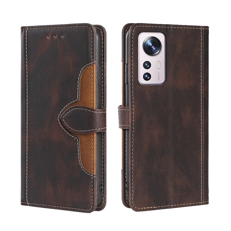 For Xiaomi 12 Pro Stitching Skin Feel Magnetic Buckle Horizontal Flip PU Leather Case(Brown) Eurekaonline
