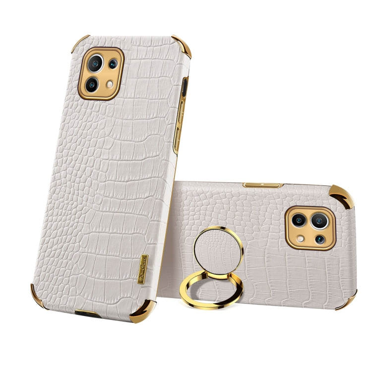 For Xiaomi Mi 11 6D Electroplated TPU Crocodile Pattern Magnetic Leather Case with Ring Holder (White) Eurekaonline
