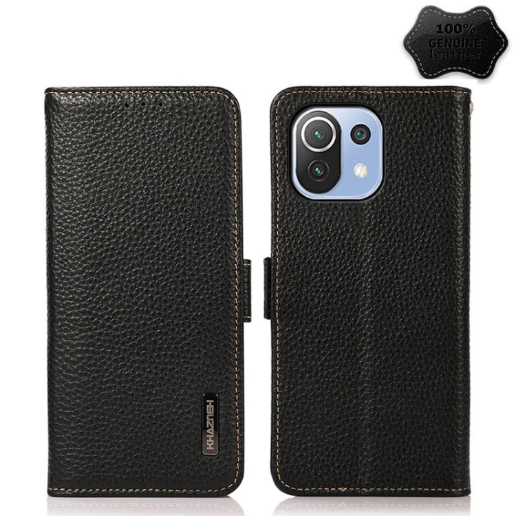  Mi 11 Lite KHAZNEH Side-Magnetic Litchi Genuine Leather RFID Phone Case(Black) Eurekaonline
