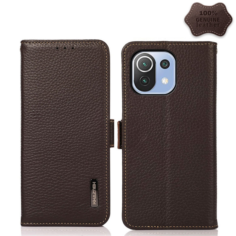  Mi 11 Lite KHAZNEH Side-Magnetic Litchi Genuine Leather RFID Phone Case(Brown) Eurekaonline