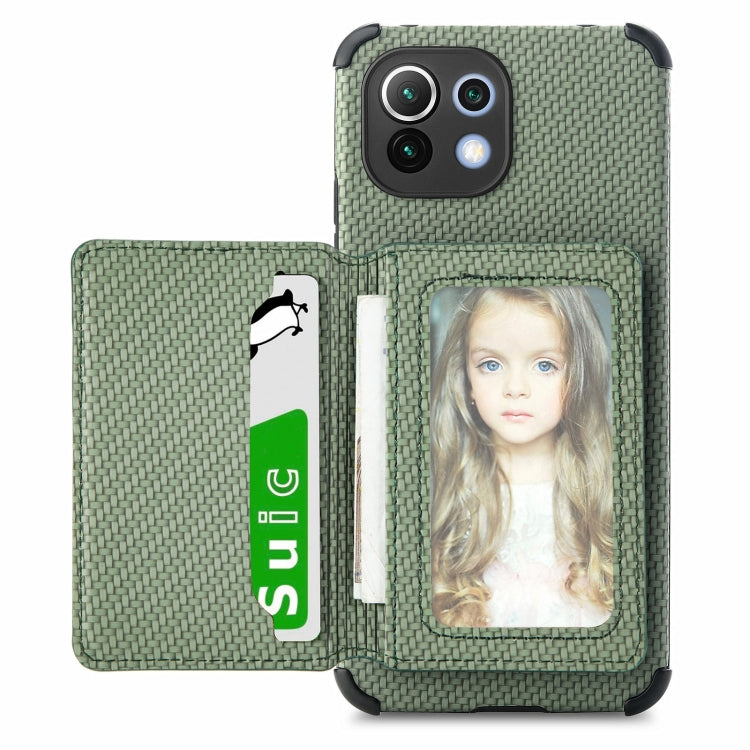 For Xiaomi Mi 11 Lite Carbon Fiber Magnetic Card Bag TPU+PU Shockproof Back Cover Case with Holder & Card Slot & Photo Frame(Green) Eurekaonline