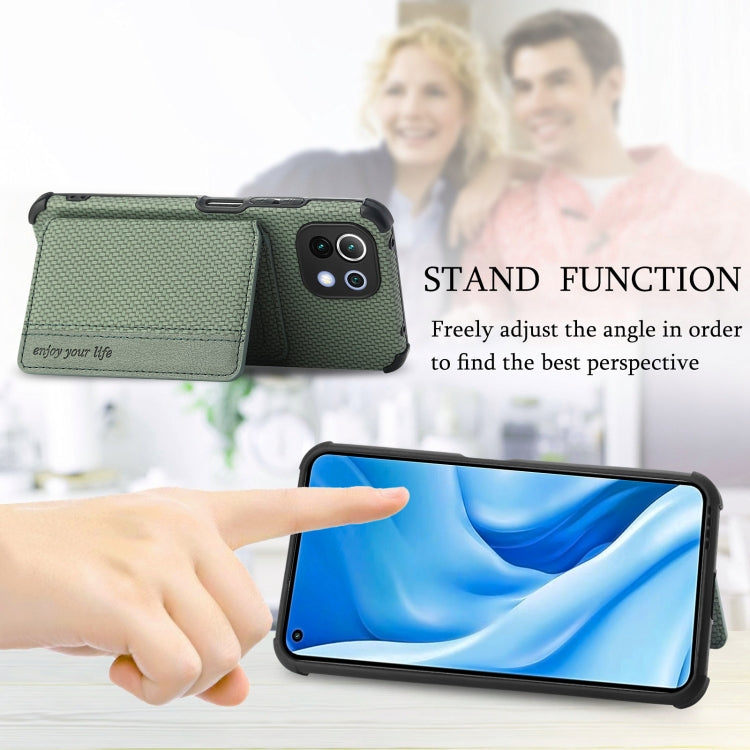 For Xiaomi Mi 11 Lite Carbon Fiber Magnetic Card Bag TPU+PU Shockproof Back Cover Case with Holder & Card Slot & Photo Frame(Green) Eurekaonline