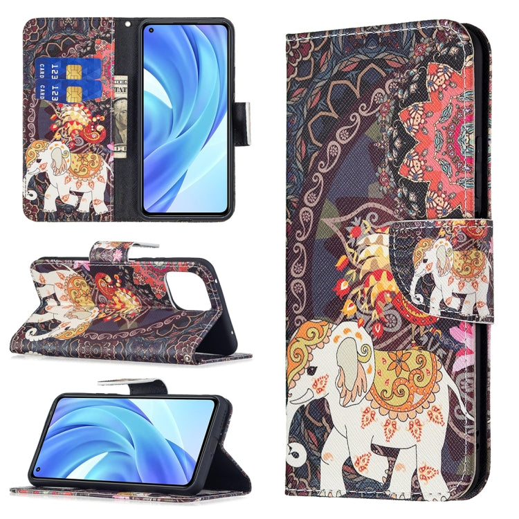 For Xiaomi Mi 11 Lite Colored Drawing Pattern Horizontal Flip Leather Case with Holder & Card Slots & Wallet(Flowers Elephant) Eurekaonline
