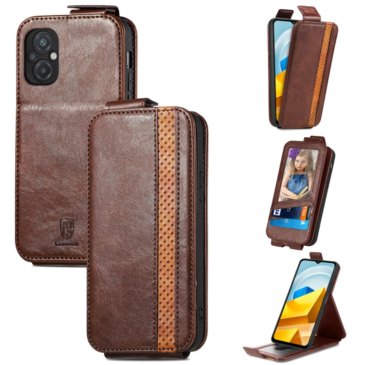 For Xiaomi Poco M5 Splicing Wallet Card Holder Vertical Flip Leather Phone Case(Brown) Eurekaonline