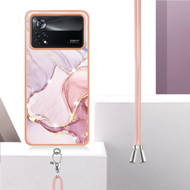 For Xiaomi Poco X4 Pro 5G Electroplating Marble Dual-side IMD Phone Case with Lanyard(Rose Gold 005) Eurekaonline