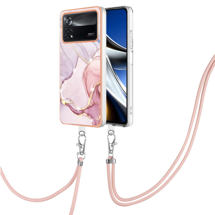 For Xiaomi Poco X4 Pro 5G Electroplating Marble Dual-side IMD Phone Case with Lanyard(Rose Gold 005) Eurekaonline