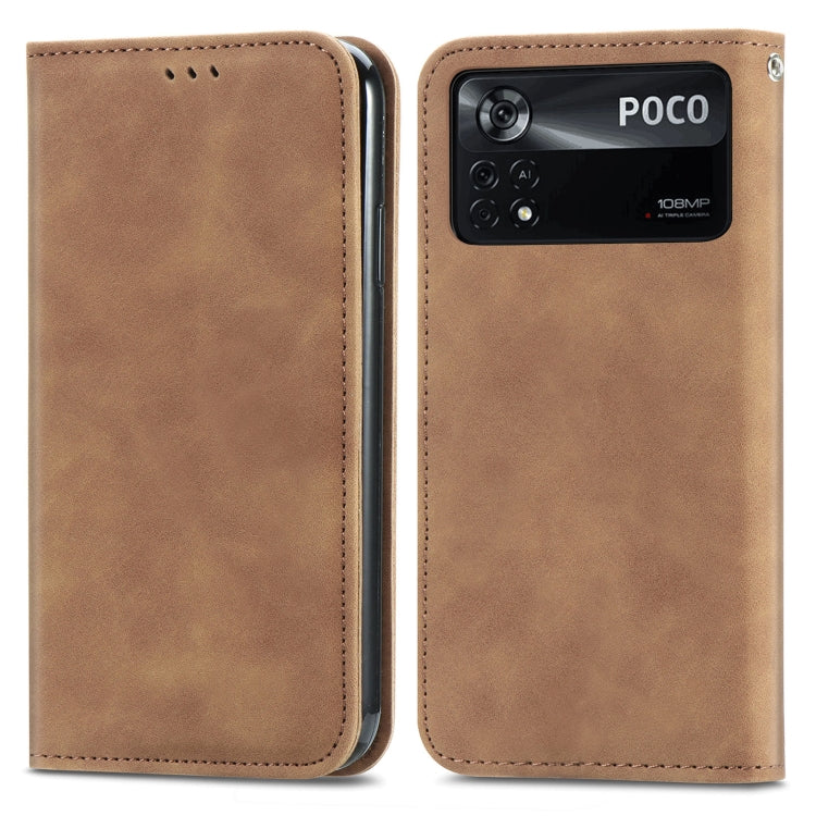For Xiaomi Poco X4 Pro 5G Retro Skin Feel Magnetic Flip Leather Phone Case(Brown) Eurekaonline