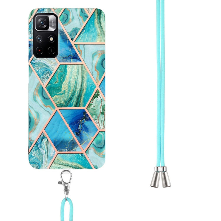 For Xiaomi Redmi Note 11 5G Chinese Electroplating Splicing Marble TPU Phone Case with Lanyard(Green) Eurekaonline