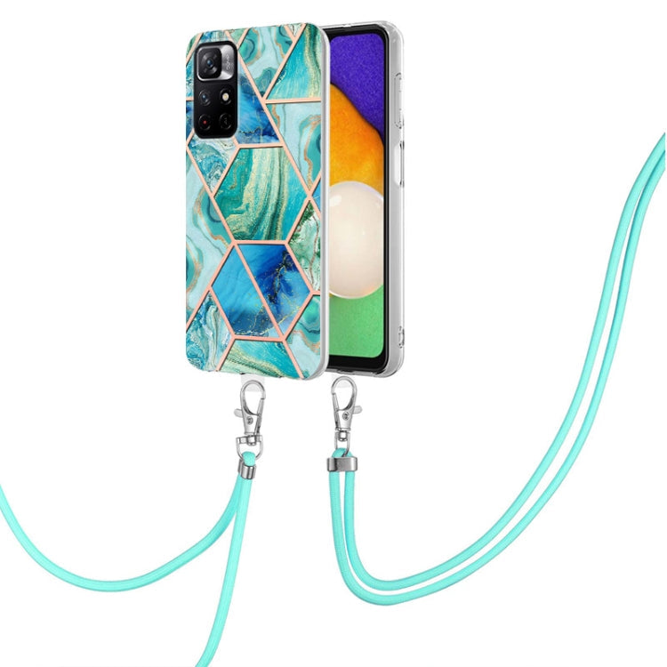 For Xiaomi Redmi Note 11 5G Chinese Electroplating Splicing Marble TPU Phone Case with Lanyard(Green) Eurekaonline