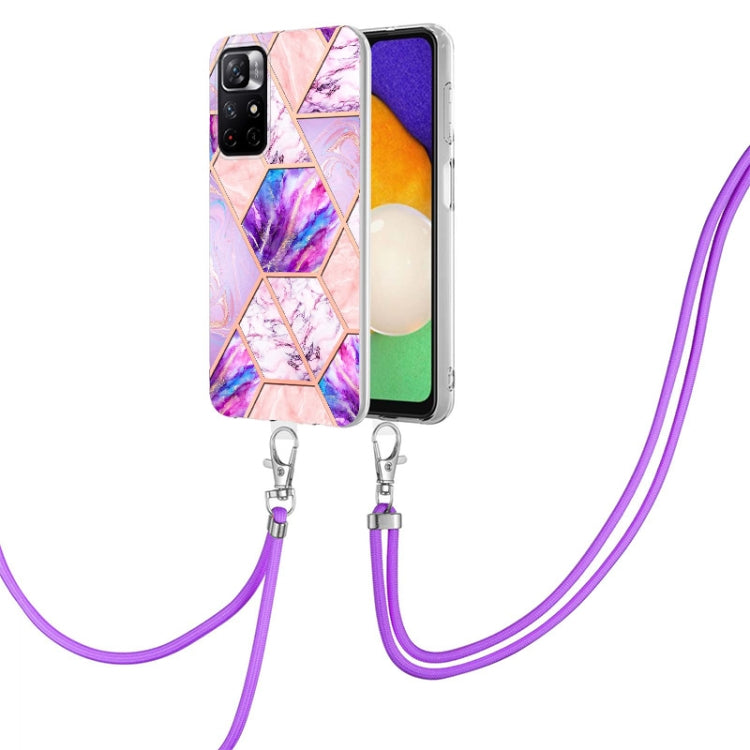 For Xiaomi Redmi Note 11 5G Chinese Electroplating Splicing Marble TPU Phone Case with Lanyard(Light Purple) Eurekaonline