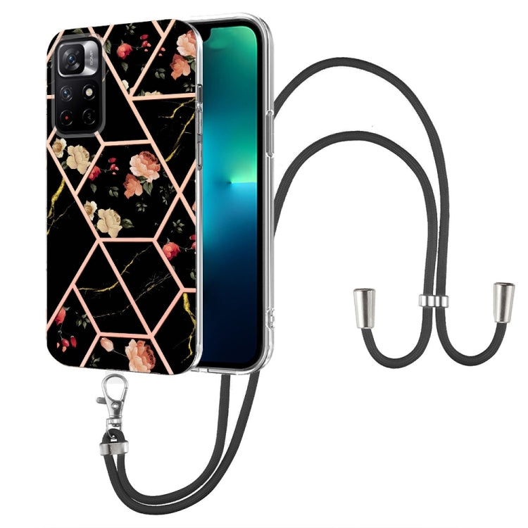 For Xiaomi Redmi Note 11 5G Chinese Splicing Marble Flower Pattern TPU Phone Case with Lanyard(Black Flower) Eurekaonline