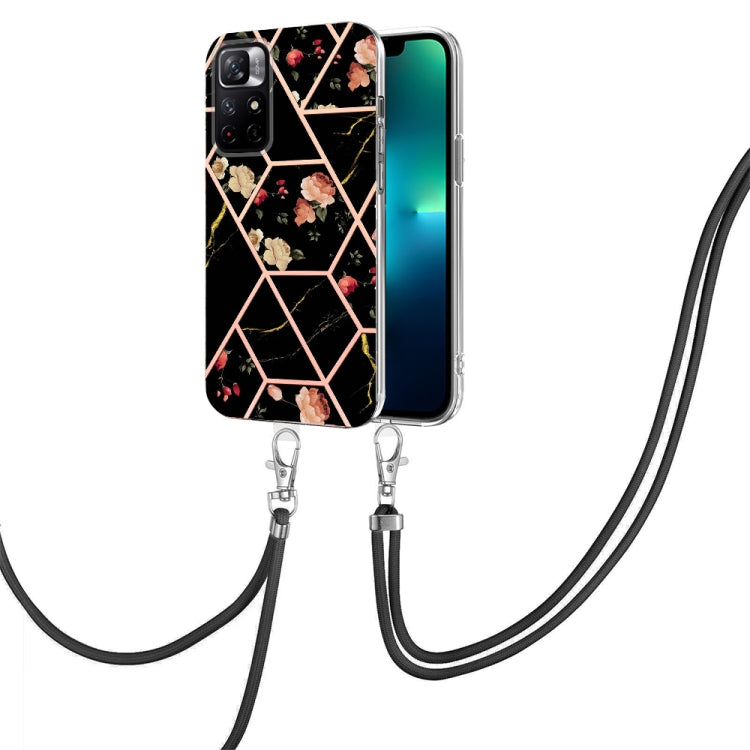 For Xiaomi Redmi Note 11 5G Chinese Splicing Marble Flower Pattern TPU Phone Case with Lanyard(Black Flower) Eurekaonline