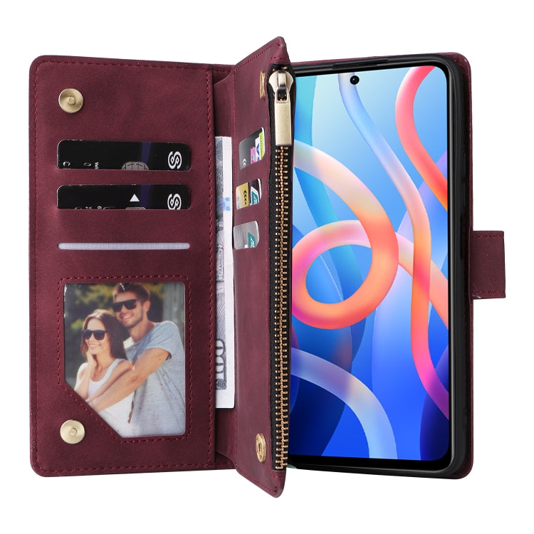 For Xiaomi Redmi Note 11 China Multifunctional Frosted Zipper Wallet Leather Phone Case(Wine Red) Eurekaonline