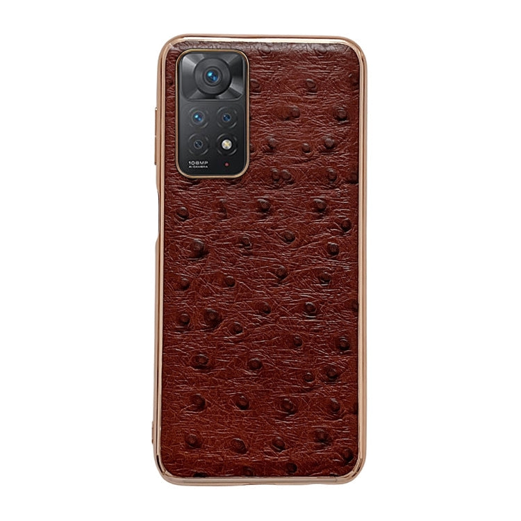 For Xiaomi Redmi Note 11 Global/Note 11S 4G Genuine Leather Ostrich Texture Nano Plating Phone Case(Coffee) Eurekaonline