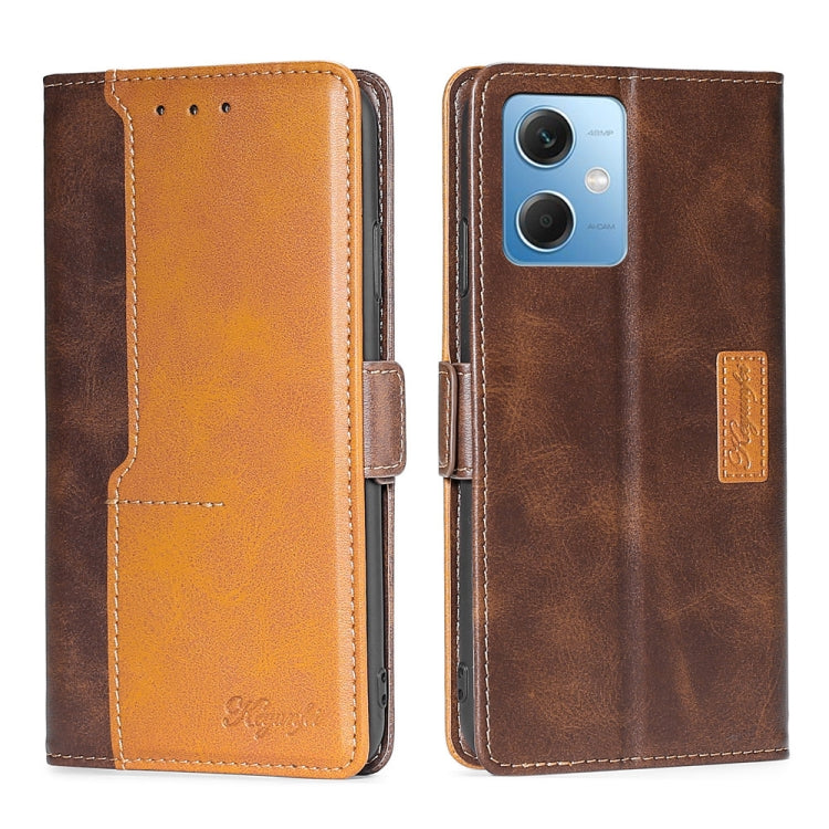 For Xiaomi Redmi Note 12 China Contrast Color Side Buckle Leather Phone Case(Dark Brown + Gold) Eurekaonline
