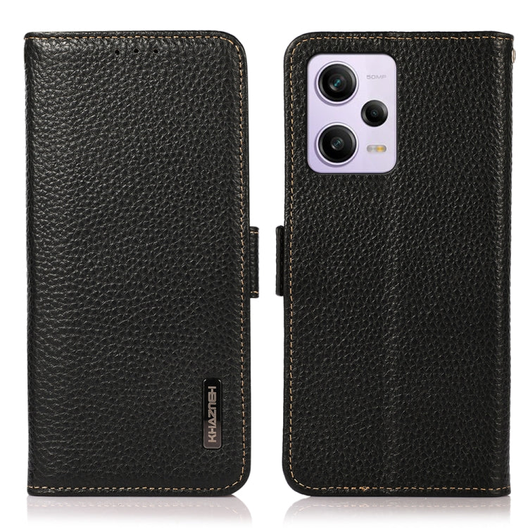 For Xiaomi Redmi Note 12 Pro China KHAZNEH Side-Magnetic Litchi Genuine Leather RFID Phone Case(Black) Eurekaonline