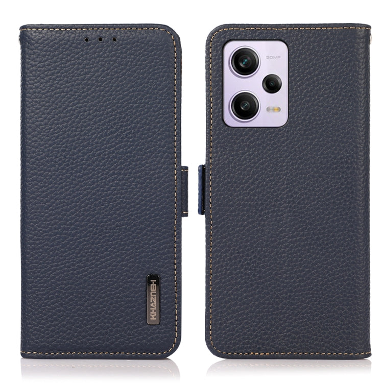 For Xiaomi Redmi Note 12 Pro China KHAZNEH Side-Magnetic Litchi Genuine Leather RFID Phone Case(Blue) Eurekaonline