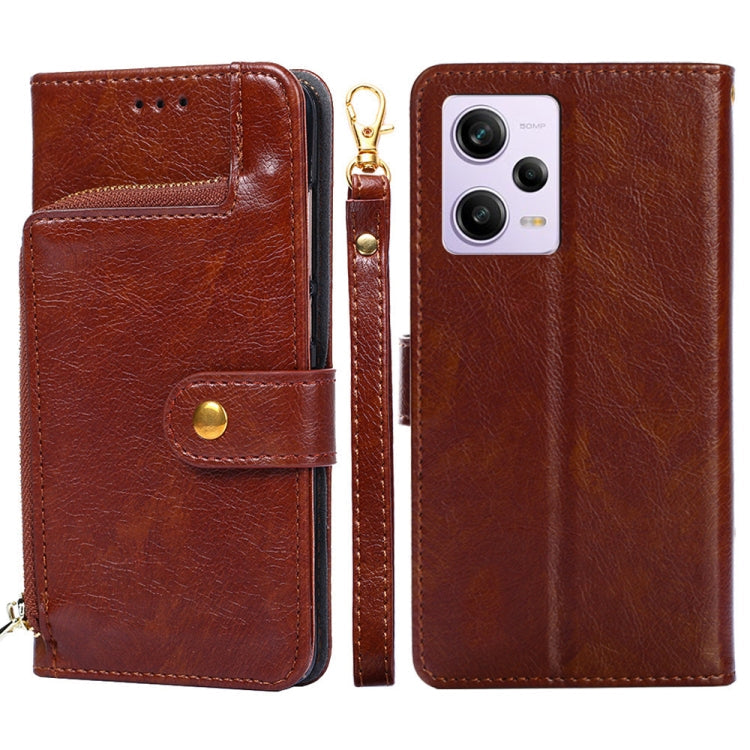 For Xiaomi Redmi Note 12 Pro China Zipper Bag Leather Phone Case(Brown) Eurekaonline