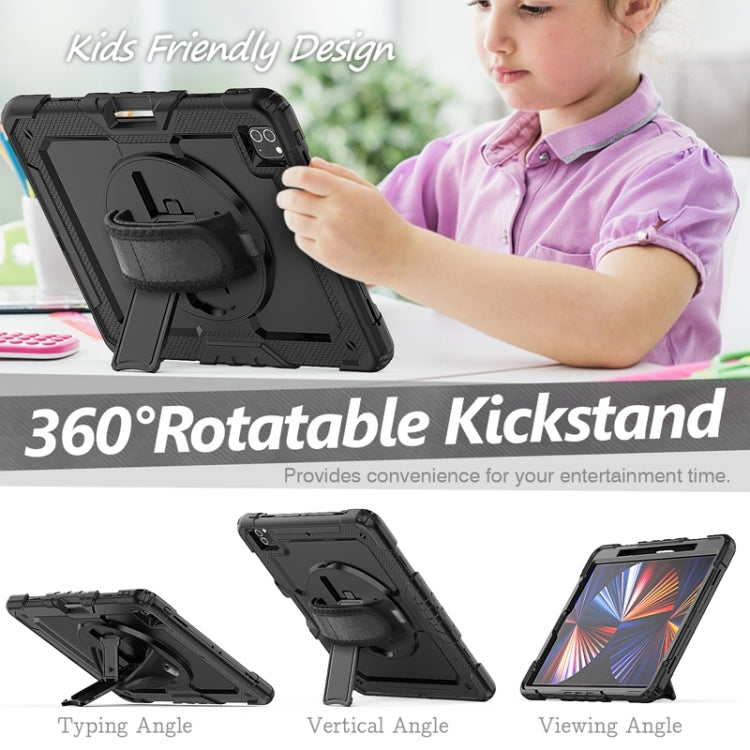 For iPad Pro 12.9 2022 / 2021 / 2020 / 2018 Shockproof Colorful Silicone + PC Protective Tablet Case with Holder & Shoulder Strap & Hand Strap & Pen Slot(All Black) Eurekaonline