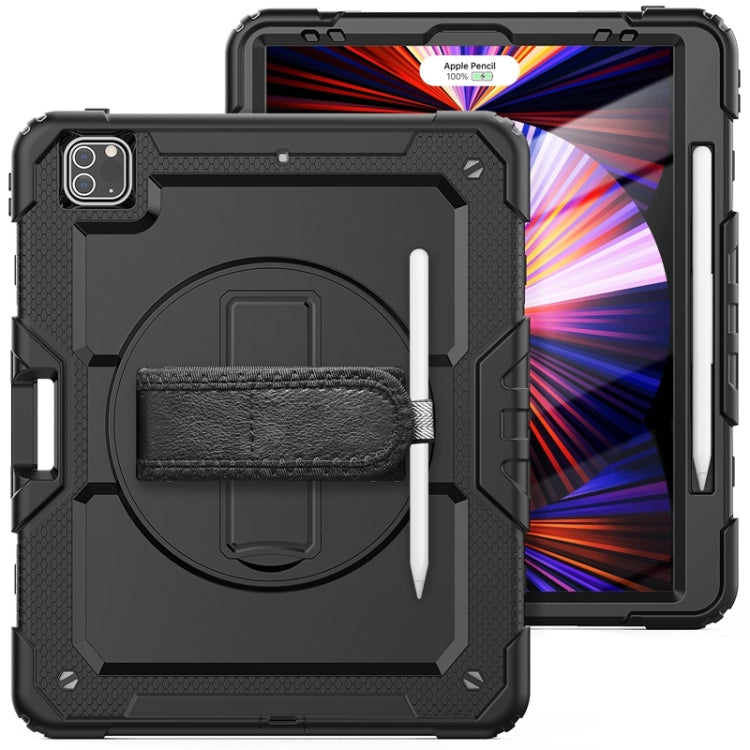 For iPad Pro 12.9 2022 / 2021 / 2020 / 2018 Shockproof Colorful Silicone + PC Protective Tablet Case with Holder & Shoulder Strap & Hand Strap & Pen Slot(All Black) Eurekaonline