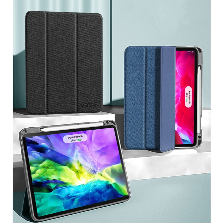For iPad Pro 12.9 2022 / 2021 / 2020 Mutural YASHI Series TPU + PU Cloth Pattern Texture Horizontal Flip Leather Tablet Case with Three-folding Holder & Pen Slot & Wake-up / Sleep Function(Blue) Eurekaonline