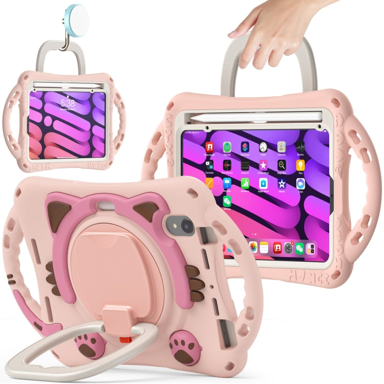 For iPad mini 6 Cute Cat King Kids Shockproof Silicone Tablet Case with Holder & Shoulder Strap & Handle(Pink) Eurekaonline