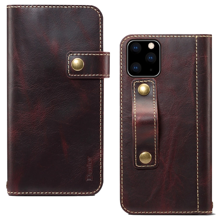 For iPhone 11 Denior Oil Wax Cowhide DK Magnetic Button Horizontal Flip Leather Case with Holder & Card Slots & Wallet(Dark Red) Eurekaonline