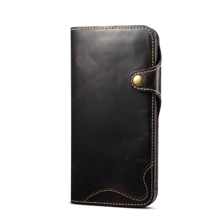 For iPhone 11 Denior Oil Wax Cowhide Magnetic Button Horizontal Flip Leather Case with Card Slots & Wallet(Black) Eurekaonline