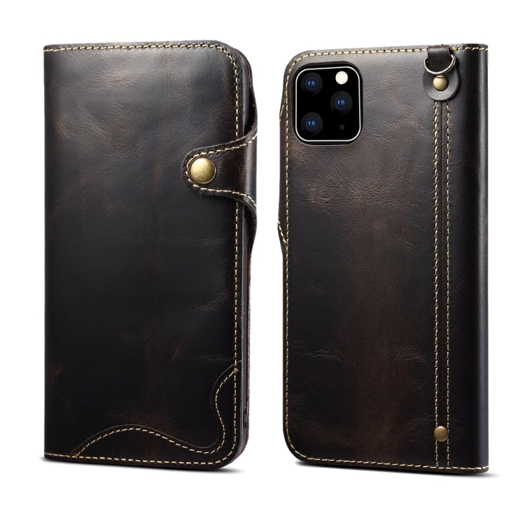 For iPhone 11 Denior Oil Wax Cowhide Magnetic Button Horizontal Flip Leather Case with Card Slots & Wallet(Black) Eurekaonline