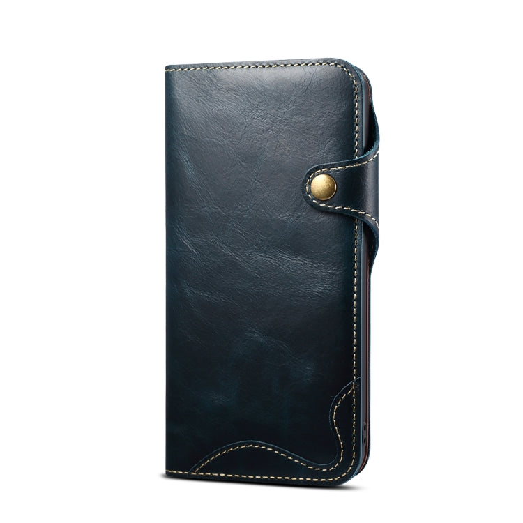 For iPhone 11 Denior Oil Wax Cowhide Magnetic Button Horizontal Flip Leather Case with Card Slots & Wallet(Dark Blue) Eurekaonline