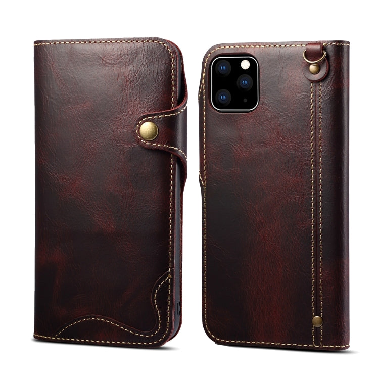 For iPhone 11 Denior Oil Wax Cowhide Magnetic Button Horizontal Flip Leather Case with Card Slots & Wallet(Dark Red) Eurekaonline