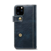 For iPhone 11 Pro Denior Oil Wax Cowhide DK Magnetic Button Horizontal Flip Leather Case with Holder & Card Slots & Wallet(Dark Blue) Eurekaonline