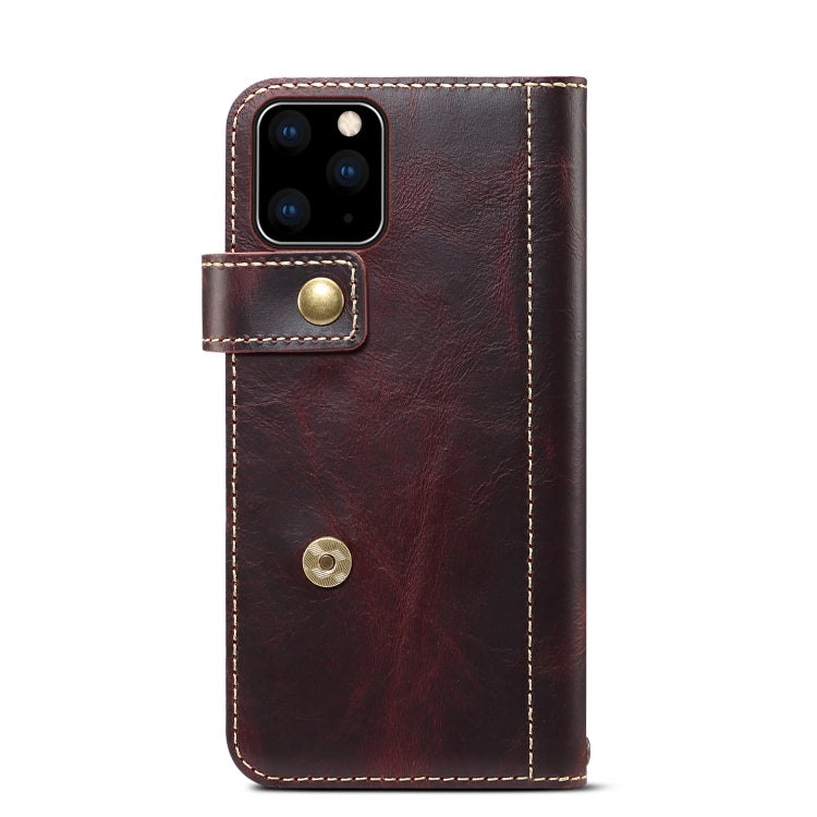 For iPhone 11 Pro Denior Oil Wax Cowhide DK Magnetic Button Horizontal Flip Leather Case with Holder & Card Slots & Wallet(Dark Red) Eurekaonline